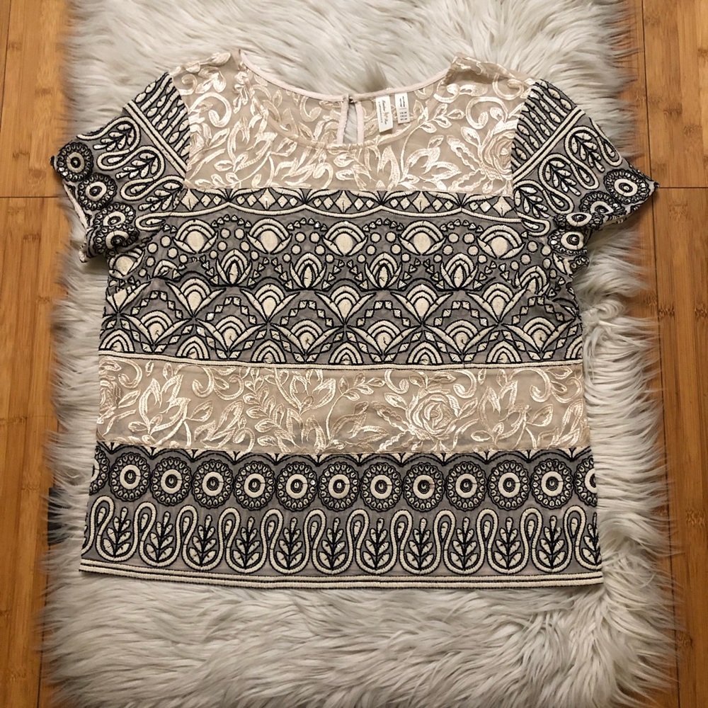 Anthropologie Meadow Rue Embroidered Sequin Floral Mesh Black Cream Blouse 14